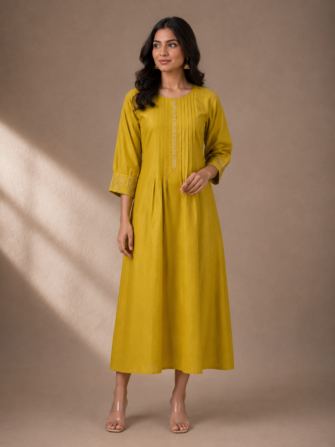 Mustard Yellow Soft Silk A-Line Kurta Dress with Embroidered Cuffs